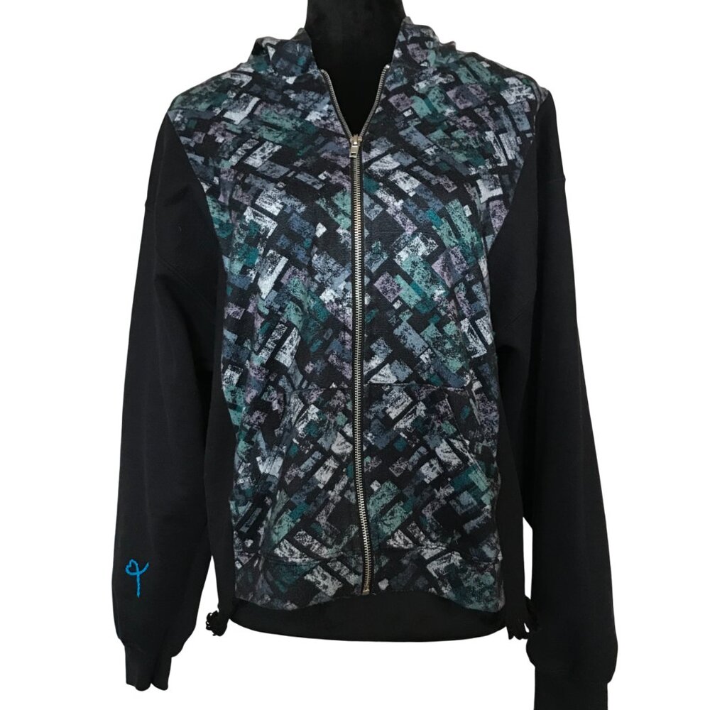 Upcycled Zippered Hoodie Zip-Up Jacket Campus Sweatshirt Hipster Grunge Size M